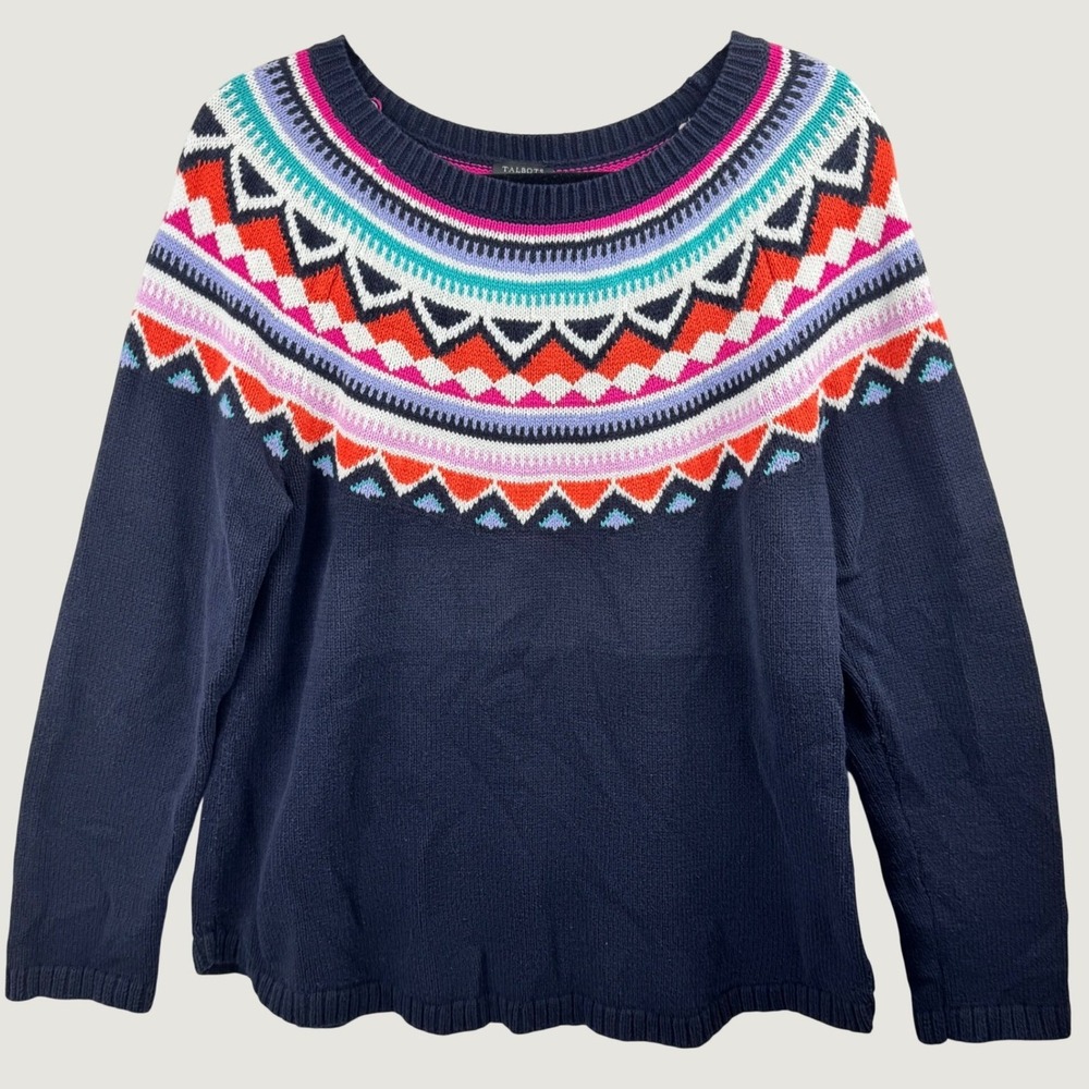 Talbots Fair Isle Sweater Women XL Navy Blue Geometric Yoke Cotton Blend Knit